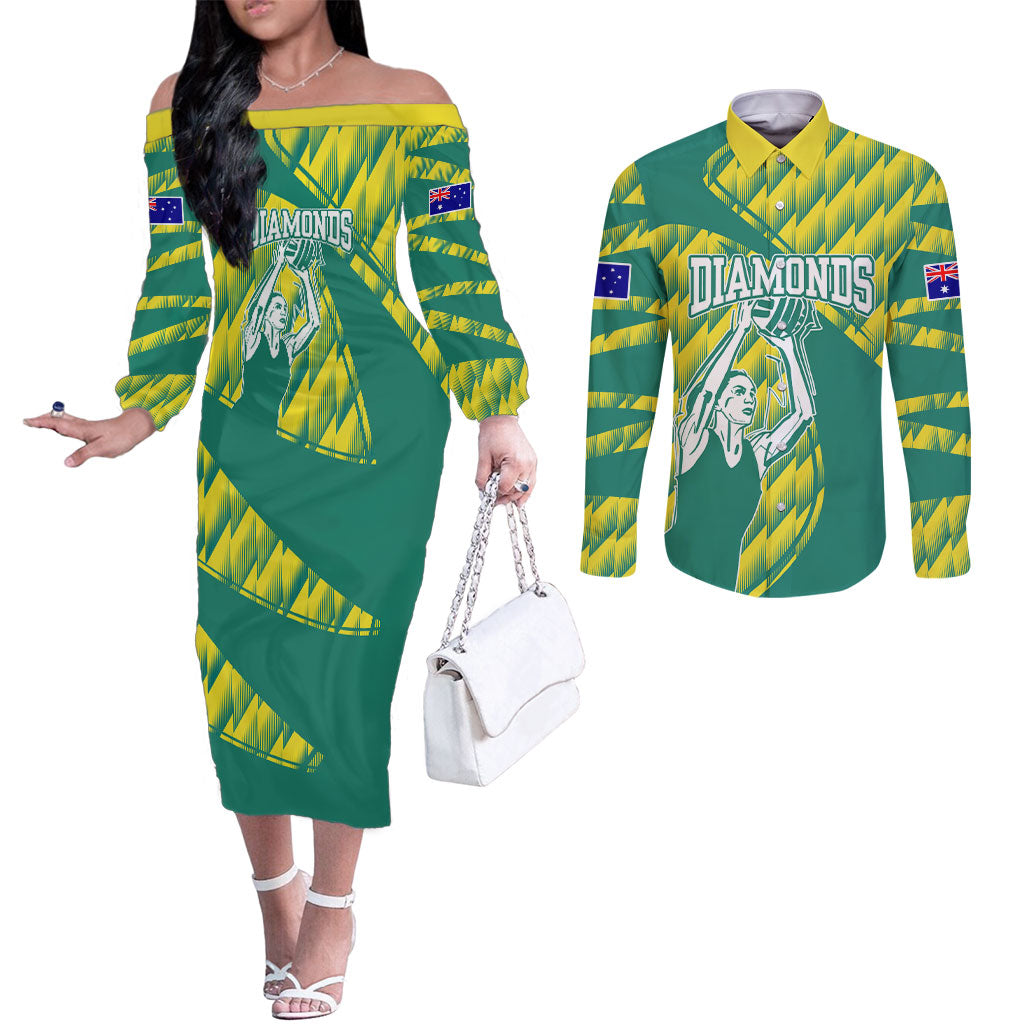 Australian Diamonds Netball Couples Matching Off The Shoulder Long Sleeve Dress and Long Sleeve Button Shirt Bold Geometric Zigzag Pattern With Athletic Player Graphics