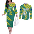 Australian Diamonds Netball Couples Matching Off The Shoulder Long Sleeve Dress and Long Sleeve Button Shirt Bold Geometric Zigzag Pattern With Athletic Player Graphics