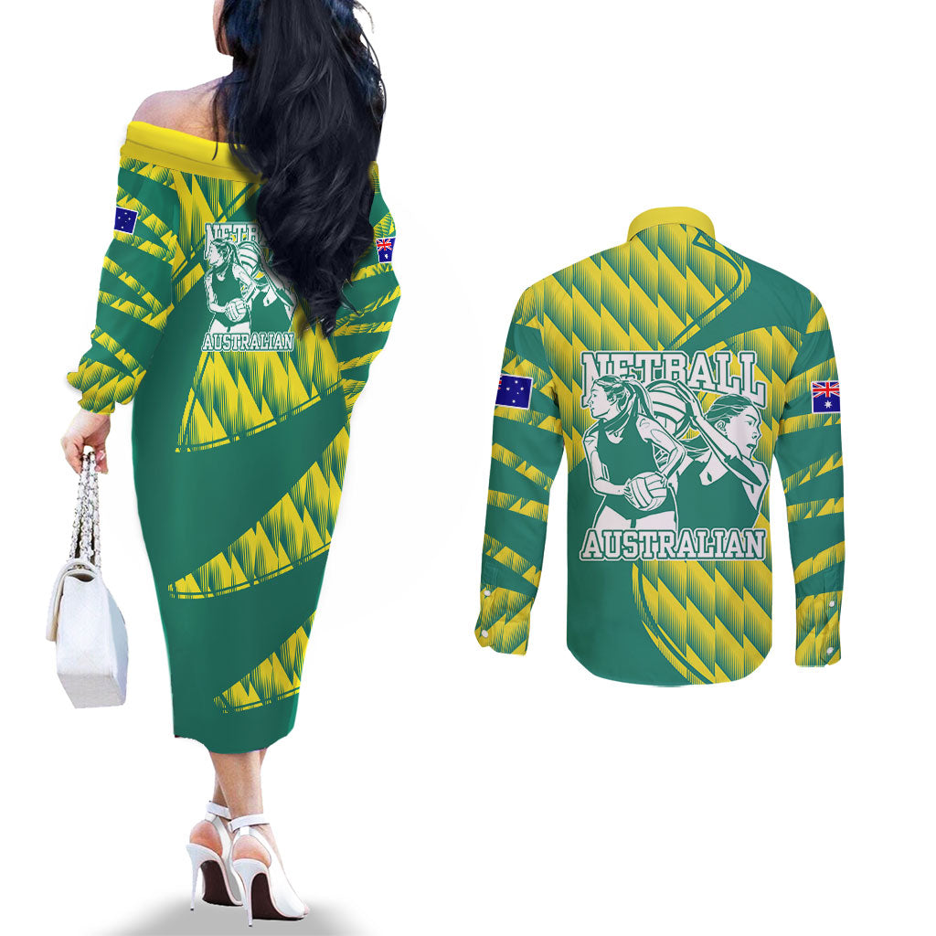 Australian Diamonds Netball Couples Matching Off The Shoulder Long Sleeve Dress and Long Sleeve Button Shirt Bold Geometric Zigzag Pattern With Athletic Player Graphics