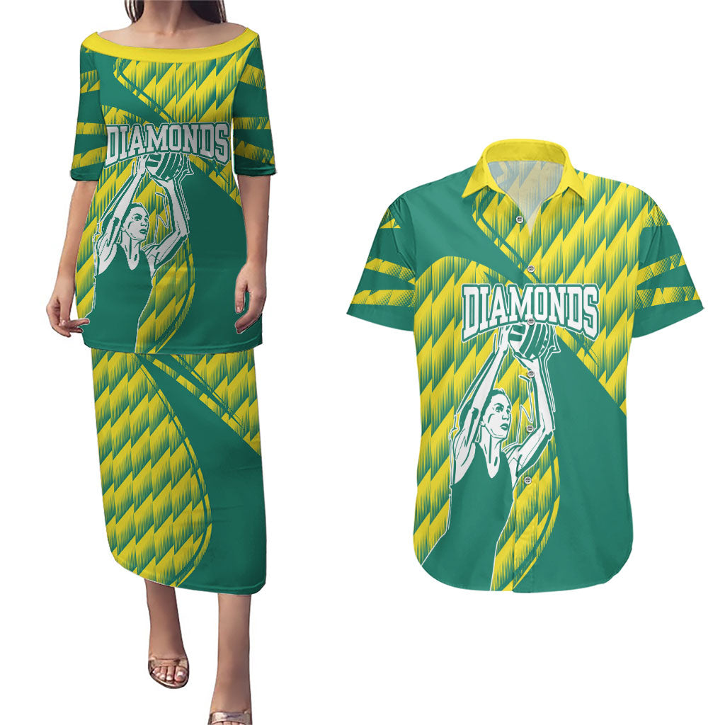 Australian Diamonds Netball Couples Matching Puletasi and Hawaiian Shirt Bold Geometric Zigzag Pattern With Athletic Player Graphics
