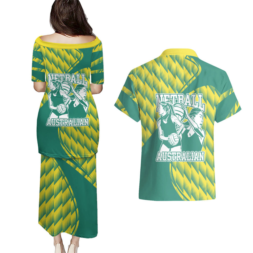 Australian Diamonds Netball Couples Matching Puletasi and Hawaiian Shirt Bold Geometric Zigzag Pattern With Athletic Player Graphics