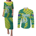 Australian Diamonds Netball Couples Matching Puletasi and Long Sleeve Button Shirt Bold Geometric Zigzag Pattern With Athletic Player Graphics