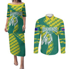 Australian Diamonds Netball Couples Matching Puletasi and Long Sleeve Button Shirt Bold Geometric Zigzag Pattern With Athletic Player Graphics