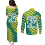 Australian Diamonds Netball Couples Matching Puletasi and Long Sleeve Button Shirt Bold Geometric Zigzag Pattern With Athletic Player Graphics
