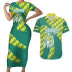 Australian Diamonds Netball Couples Matching Short Sleeve Bodycon Dress and Hawaiian Shirt Bold Geometric Zigzag Pattern With Athletic Player Graphics