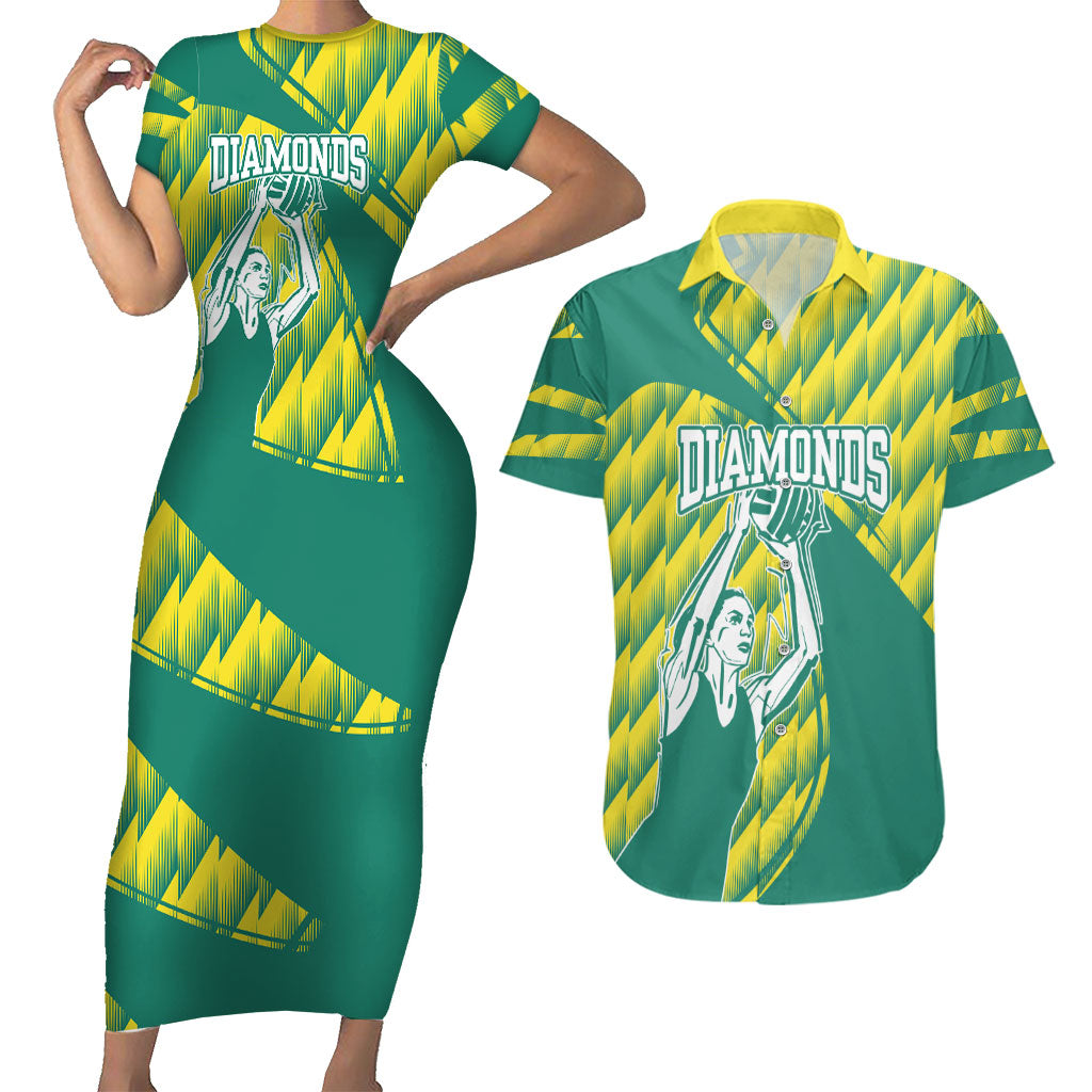 Australian Diamonds Netball Couples Matching Short Sleeve Bodycon Dress and Hawaiian Shirt Bold Geometric Zigzag Pattern With Athletic Player Graphics