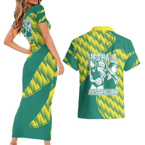 Australian Diamonds Netball Couples Matching Short Sleeve Bodycon Dress and Hawaiian Shirt Bold Geometric Zigzag Pattern With Athletic Player Graphics