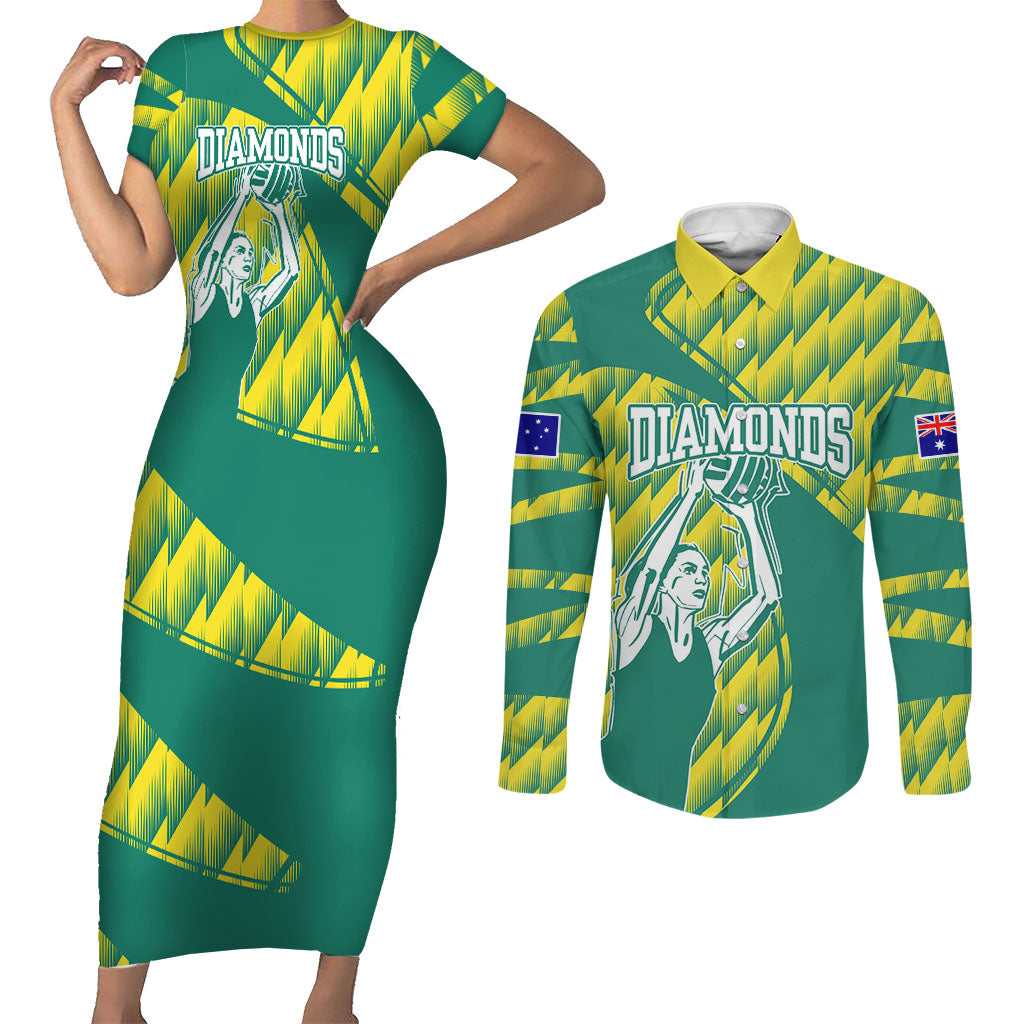 Australian Diamonds Netball Couples Matching Short Sleeve Bodycon Dress and Long Sleeve Button Shirt Bold Geometric Zigzag Pattern With Athletic Player Graphics