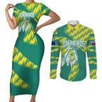 Australian Diamonds Netball Couples Matching Short Sleeve Bodycon Dress and Long Sleeve Button Shirt Bold Geometric Zigzag Pattern With Athletic Player Graphics
