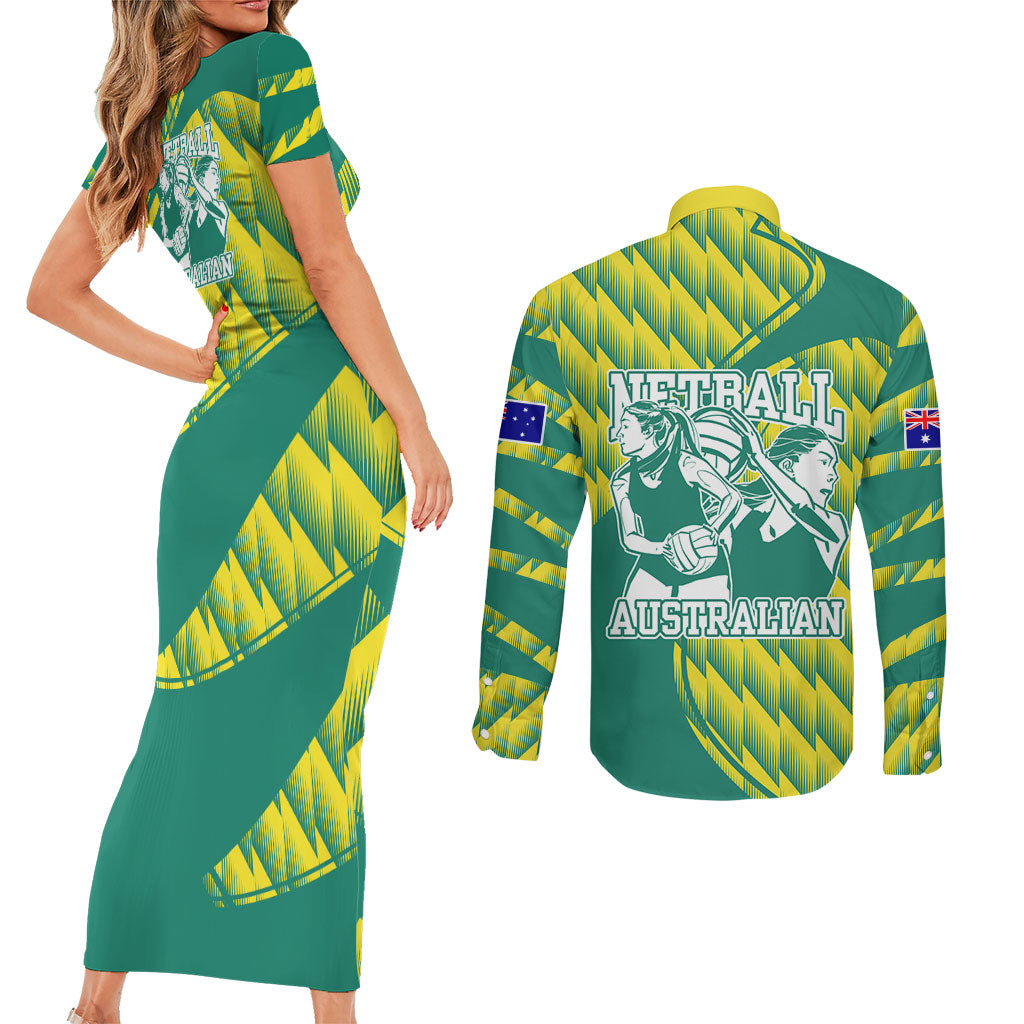 Australian Diamonds Netball Couples Matching Short Sleeve Bodycon Dress and Long Sleeve Button Shirt Bold Geometric Zigzag Pattern With Athletic Player Graphics