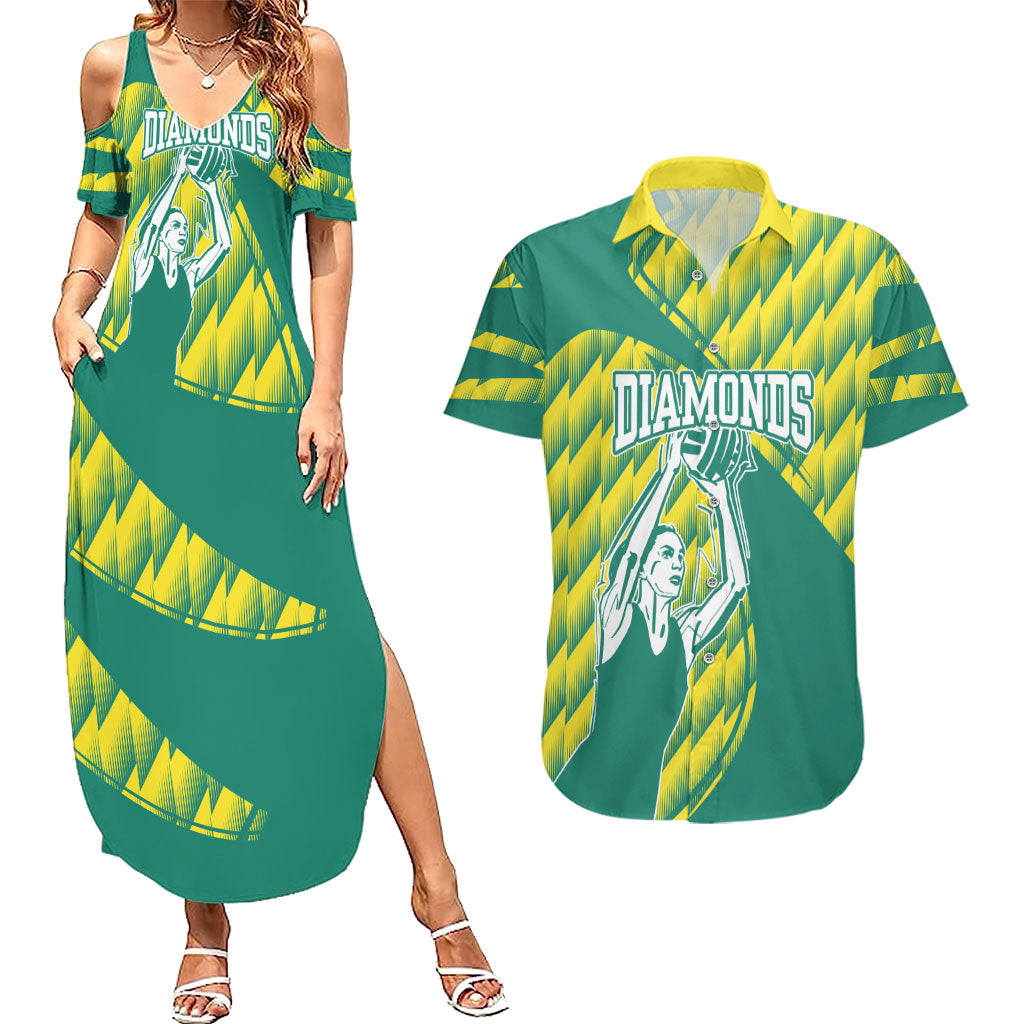 Australian Diamonds Netball Couples Matching Summer Maxi Dress and Hawaiian Shirt Bold Geometric Zigzag Pattern With Athletic Player Graphics