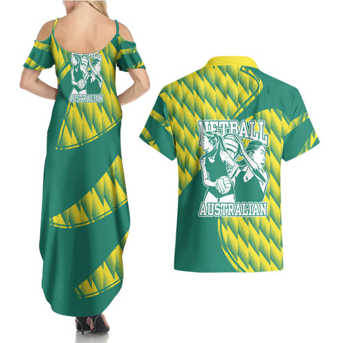 Australian Diamonds Netball Couples Matching Summer Maxi Dress and Hawaiian Shirt Bold Geometric Zigzag Pattern With Athletic Player Graphics