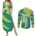 Australian Diamonds Netball Couples Matching Summer Maxi Dress and Long Sleeve Button Shirt Bold Geometric Zigzag Pattern With Athletic Player Graphics
