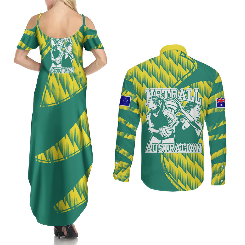 Australian Diamonds Netball Couples Matching Summer Maxi Dress and Long Sleeve Button Shirt Bold Geometric Zigzag Pattern With Athletic Player Graphics