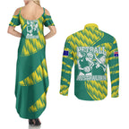 Australian Diamonds Netball Couples Matching Summer Maxi Dress and Long Sleeve Button Shirt Bold Geometric Zigzag Pattern With Athletic Player Graphics