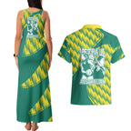 Australian Diamonds Netball Couples Matching Tank Maxi Dress and Hawaiian Shirt Bold Geometric Zigzag Pattern With Athletic Player Graphics
