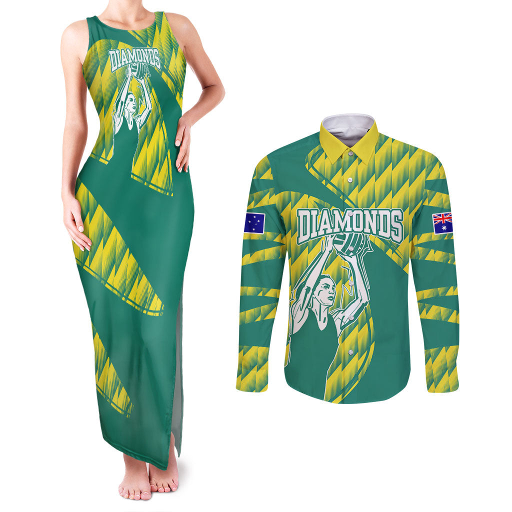 Australian Diamonds Netball Couples Matching Tank Maxi Dress and Long Sleeve Button Shirt Bold Geometric Zigzag Pattern With Athletic Player Graphics