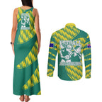 Australian Diamonds Netball Couples Matching Tank Maxi Dress and Long Sleeve Button Shirt Bold Geometric Zigzag Pattern With Athletic Player Graphics