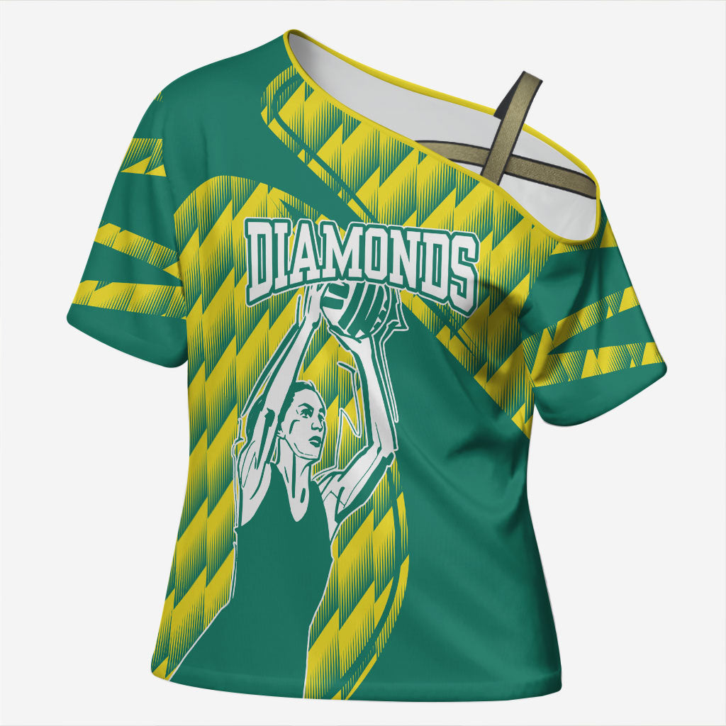 Australian Diamonds Netball Cross Shoulder Shirt Bold Geometric Zigzag Pattern With Athletic Player Graphics