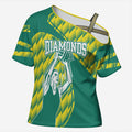Australian Diamonds Netball Cross Shoulder Shirt Bold Geometric Zigzag Pattern With Athletic Player Graphics