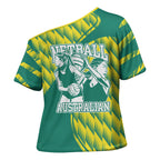 Australian Diamonds Netball Cross Shoulder Shirt Bold Geometric Zigzag Pattern With Athletic Player Graphics