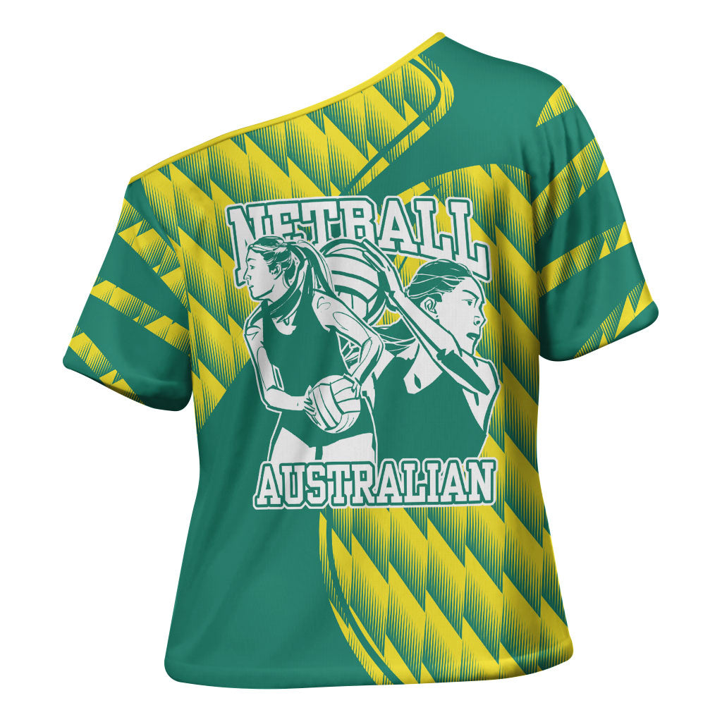Australian Diamonds Netball Cross Shoulder Shirt Bold Geometric Zigzag Pattern With Athletic Player Graphics