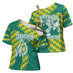 Australian Diamonds Netball Cross Shoulder Shirt Bold Geometric Zigzag Pattern With Athletic Player Graphics