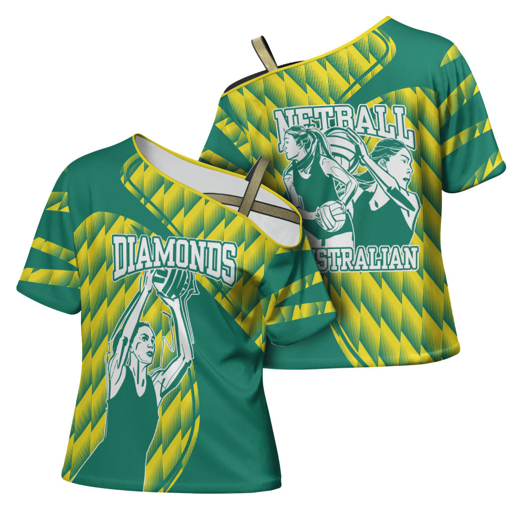 Australian Diamonds Netball Cross Shoulder Shirt Bold Geometric Zigzag Pattern With Athletic Player Graphics