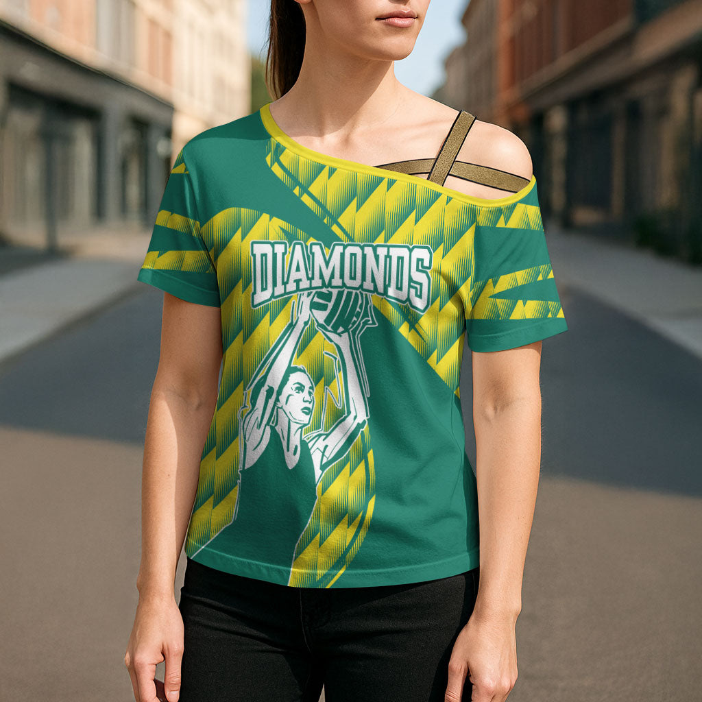 Australian Diamonds Netball Cross Shoulder Shirt Bold Geometric Zigzag Pattern With Athletic Player Graphics