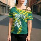 Australian Diamonds Netball Cross Shoulder Shirt Bold Geometric Zigzag Pattern With Athletic Player Graphics