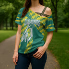 Australian Diamonds Netball Cross Shoulder Shirt Bold Geometric Zigzag Pattern With Athletic Player Graphics