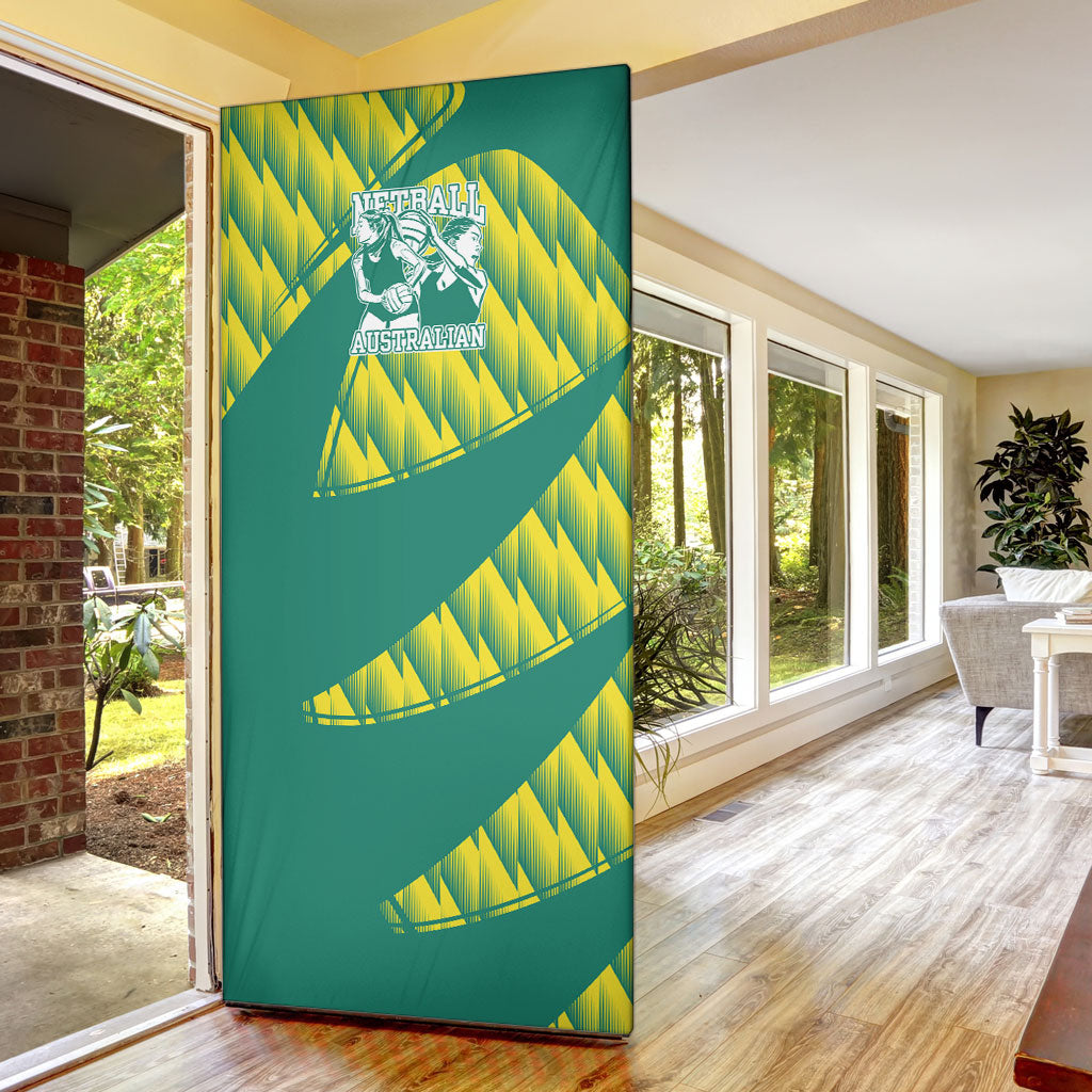 Australian Diamonds Netball Door Cover Bold Geometric Zigzag Pattern With Athletic Player Graphics