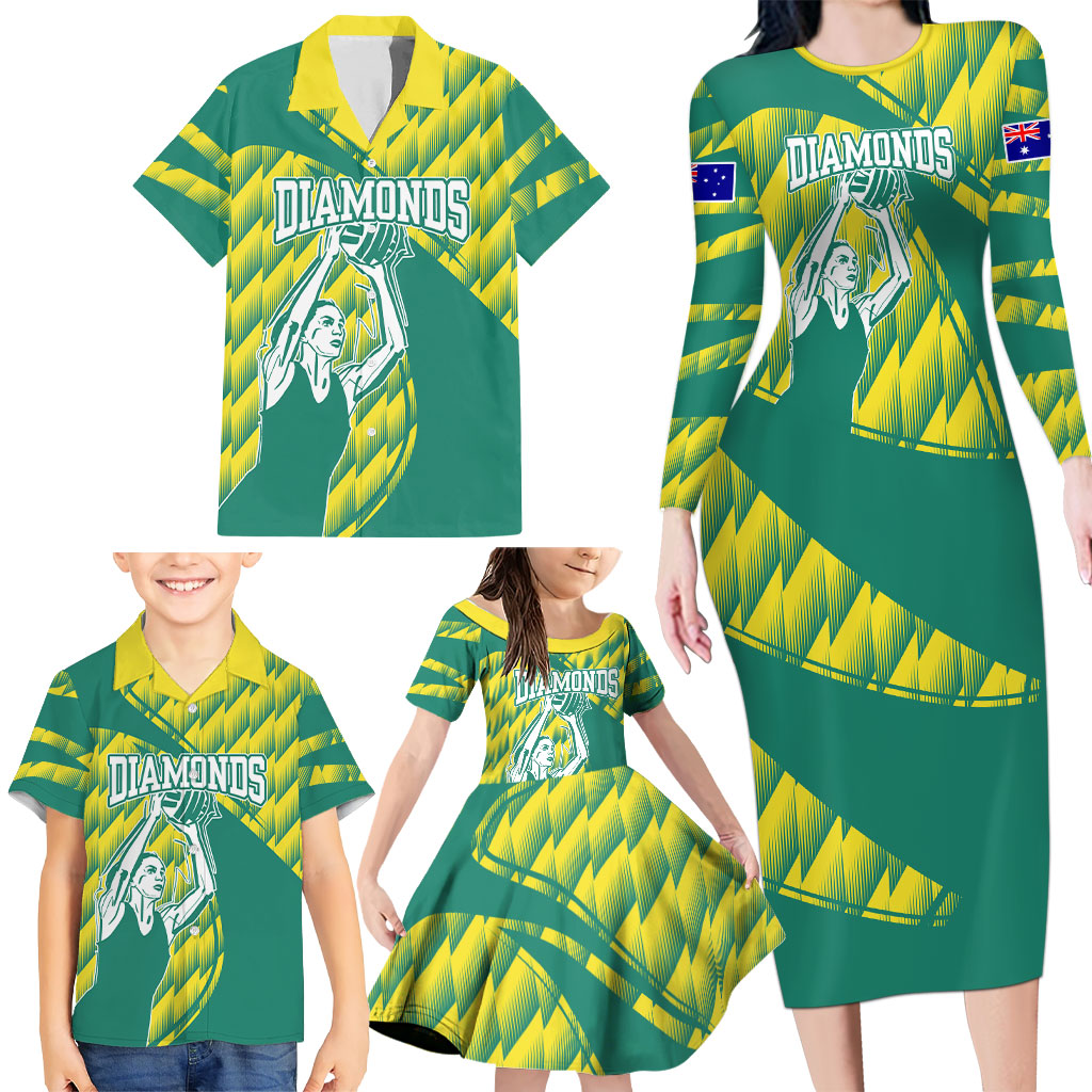 Australian Diamonds Netball Family Matching Long Sleeve Bodycon Dress and Hawaiian Shirt Bold Geometric Zigzag Pattern With Athletic Player Graphics