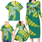 Australian Diamonds Netball Family Matching Long Sleeve Bodycon Dress and Hawaiian Shirt Bold Geometric Zigzag Pattern With Athletic Player Graphics