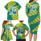 Australian Diamonds Netball Family Matching Long Sleeve Bodycon Dress and Hawaiian Shirt Bold Geometric Zigzag Pattern With Athletic Player Graphics