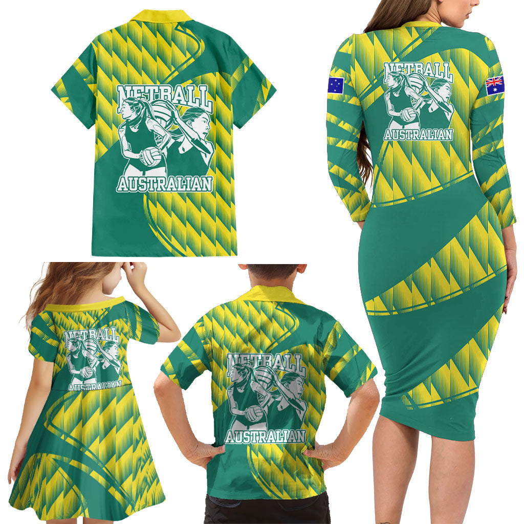 Australian Diamonds Netball Family Matching Long Sleeve Bodycon Dress and Hawaiian Shirt Bold Geometric Zigzag Pattern With Athletic Player Graphics