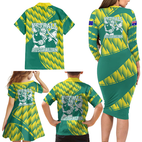 Australian Diamonds Netball Family Matching Long Sleeve Bodycon Dress and Hawaiian Shirt Bold Geometric Zigzag Pattern With Athletic Player Graphics