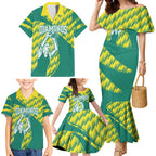 Australian Diamonds Netball Family Matching Mermaid Dress and Hawaiian Shirt Bold Geometric Zigzag Pattern With Athletic Player Graphics