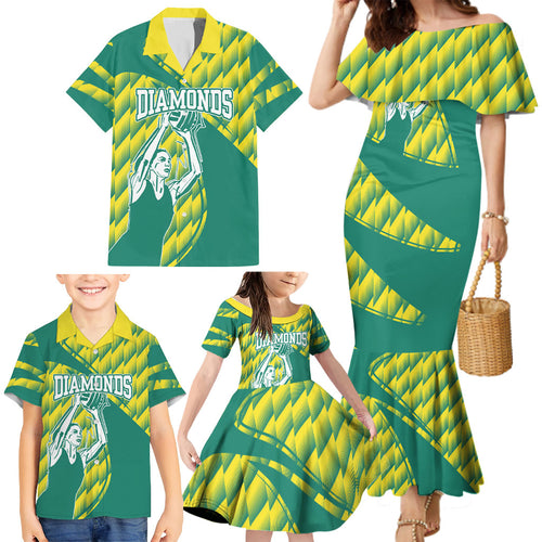 Australian Diamonds Netball Family Matching Mermaid Dress and Hawaiian Shirt Bold Geometric Zigzag Pattern With Athletic Player Graphics