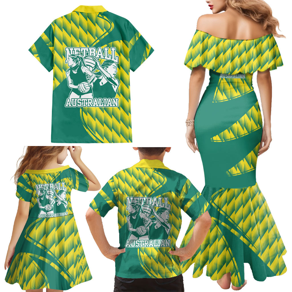 Australian Diamonds Netball Family Matching Mermaid Dress and Hawaiian Shirt Bold Geometric Zigzag Pattern With Athletic Player Graphics
