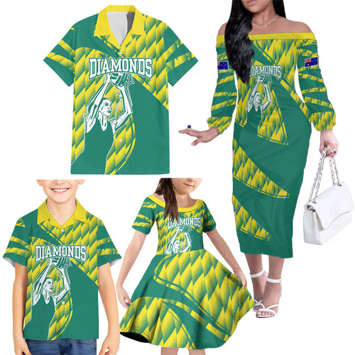Australian Diamonds Netball Family Matching Off The Shoulder Long Sleeve Dress and Hawaiian Shirt Bold Geometric Zigzag Pattern With Athletic Player Graphics