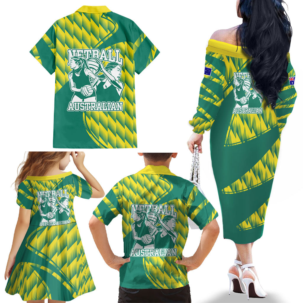Australian Diamonds Netball Family Matching Off The Shoulder Long Sleeve Dress and Hawaiian Shirt Bold Geometric Zigzag Pattern With Athletic Player Graphics