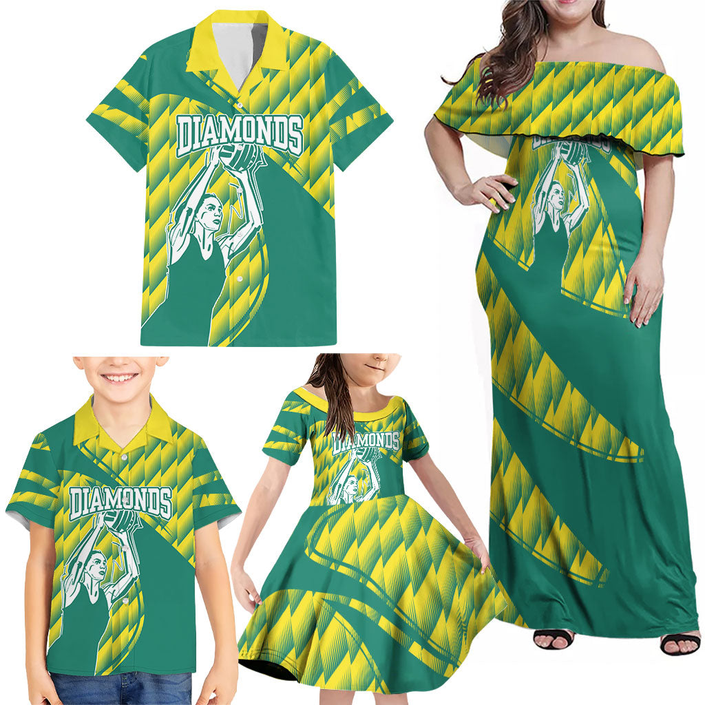 Australian Diamonds Netball Family Matching Off Shoulder Maxi Dress and Hawaiian Shirt Bold Geometric Zigzag Pattern With Athletic Player Graphics