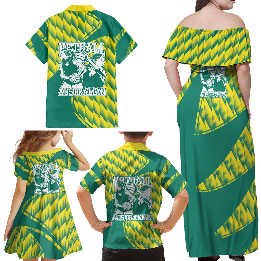 Australian Diamonds Netball Family Matching Off Shoulder Maxi Dress and Hawaiian Shirt Bold Geometric Zigzag Pattern With Athletic Player Graphics