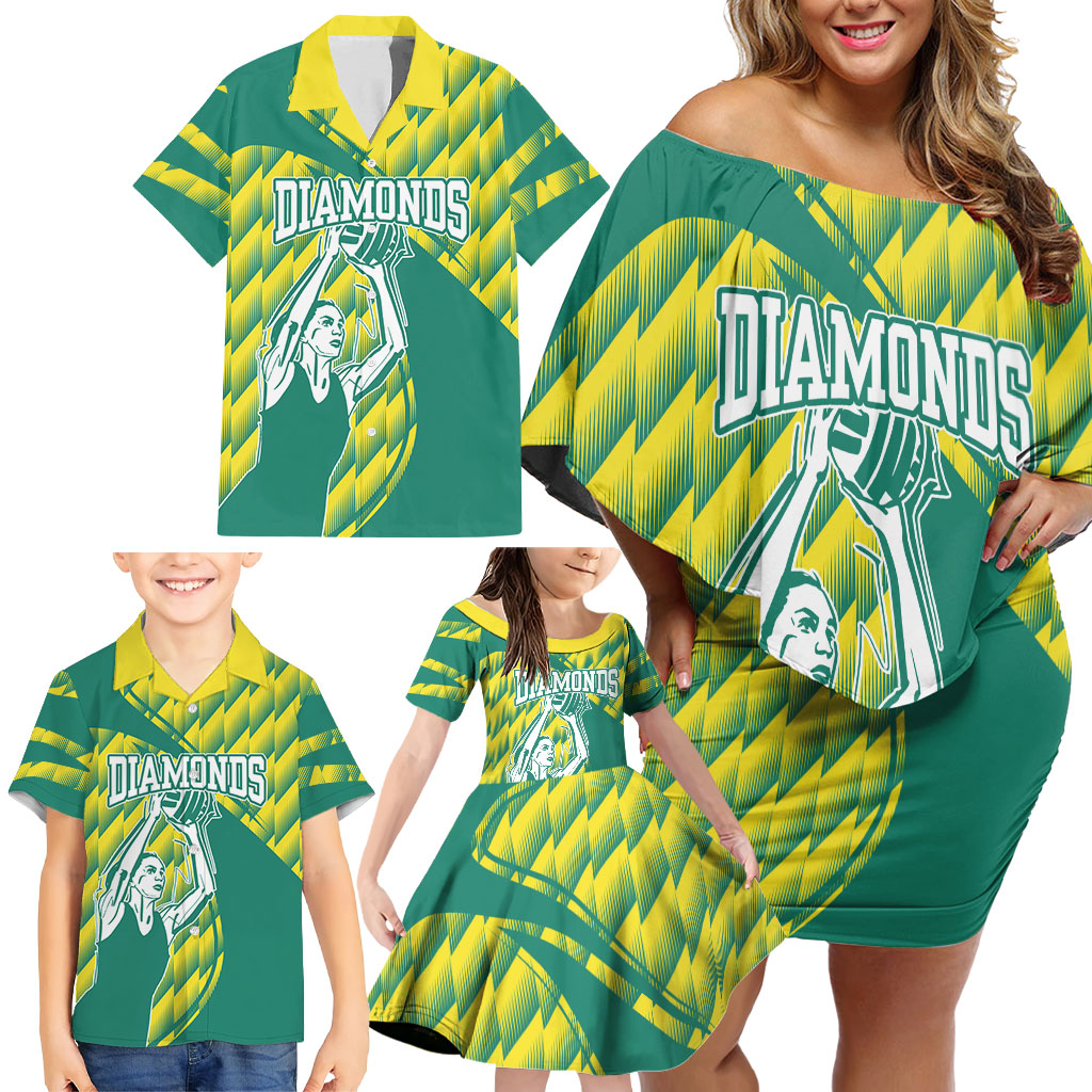 Australian Diamonds Netball Family Matching Off Shoulder Short Dress and Hawaiian Shirt Bold Geometric Zigzag Pattern With Athletic Player Graphics