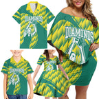 Australian Diamonds Netball Family Matching Off Shoulder Short Dress and Hawaiian Shirt Bold Geometric Zigzag Pattern With Athletic Player Graphics