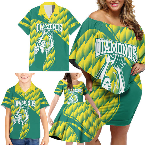 Australian Diamonds Netball Family Matching Off Shoulder Short Dress and Hawaiian Shirt Bold Geometric Zigzag Pattern With Athletic Player Graphics