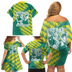 Australian Diamonds Netball Family Matching Off Shoulder Short Dress and Hawaiian Shirt Bold Geometric Zigzag Pattern With Athletic Player Graphics