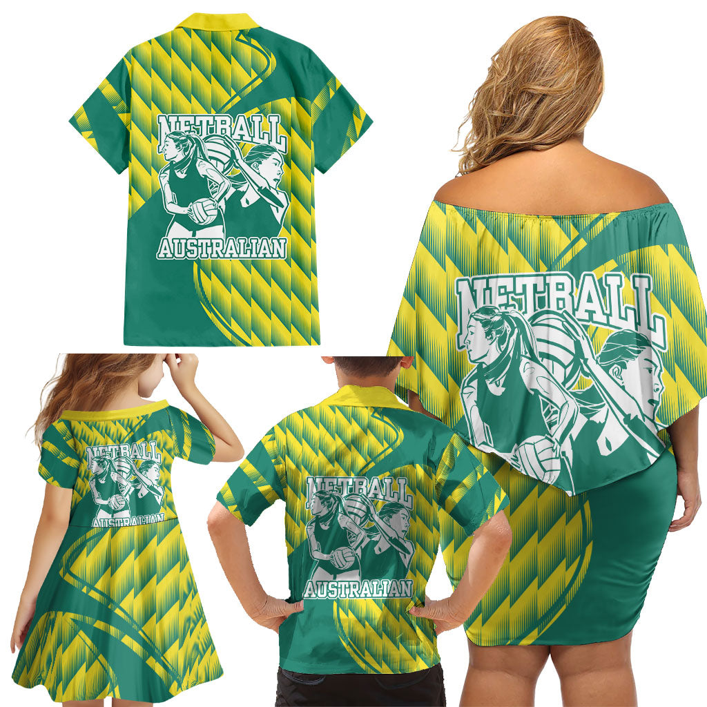 Australian Diamonds Netball Family Matching Off Shoulder Short Dress and Hawaiian Shirt Bold Geometric Zigzag Pattern With Athletic Player Graphics