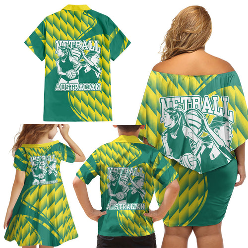 Australian Diamonds Netball Family Matching Off Shoulder Short Dress and Hawaiian Shirt Bold Geometric Zigzag Pattern With Athletic Player Graphics